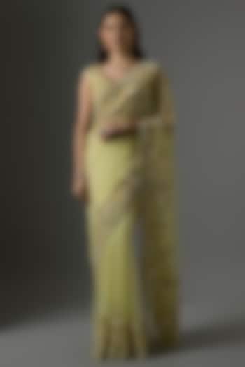 Yellow Net Hand & Machine Embroidered Reception Saree Set by Kalighata at Pernia's Pop Up Shop
