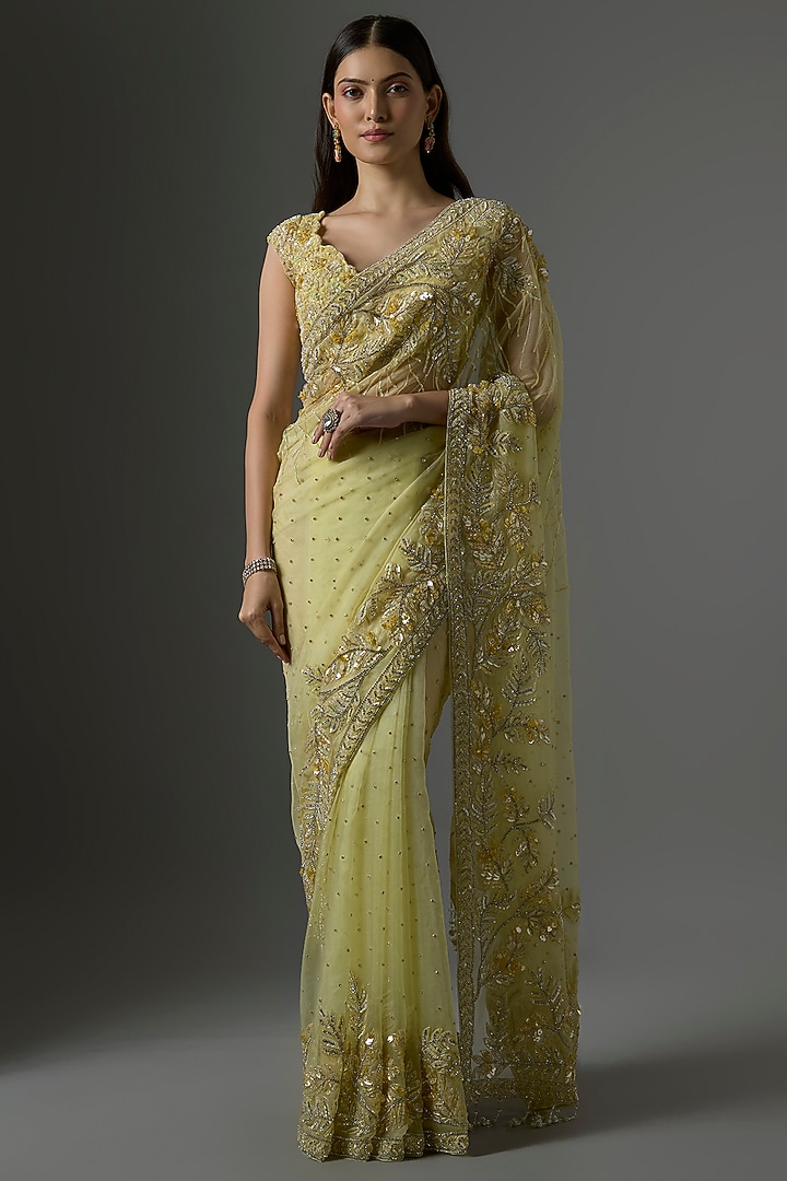 Yellow Net Hand & Machine Embroidered Reception Saree Set by Kalighata at Pernia's Pop Up Shop