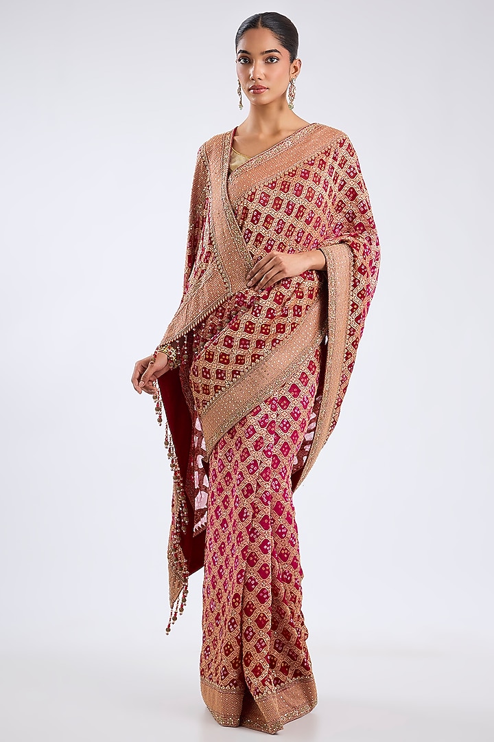 Red Bandhej Embroidered Reception Saree Set by Kalighata at Pernia's Pop Up Shop