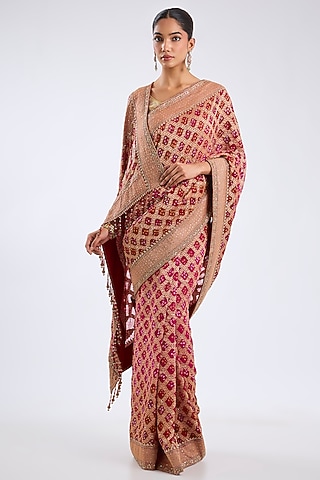 Red Bandhej Embroidered Saree Set by Kalighata