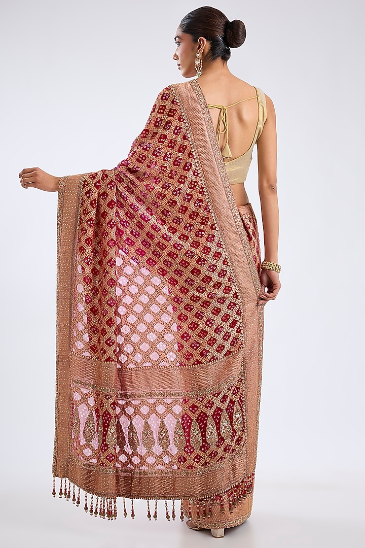 Red Bandhej Embroidered Reception Saree Set by Kalighata at Pernia's Pop Up Shop
