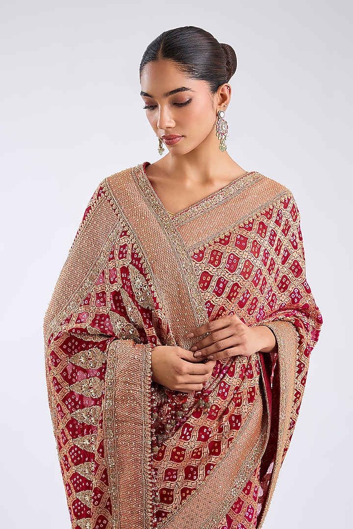 Red Bandhej Embroidered Reception Saree Set by Kalighata at Pernia's Pop Up Shop