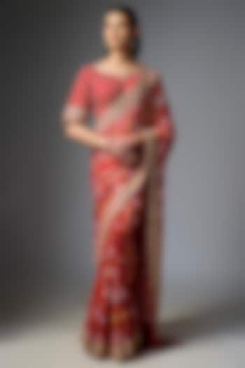 Red Bandhej Handloom Sequin Embroidered Reception Saree Set by Kalighata at Pernia's Pop Up Shop