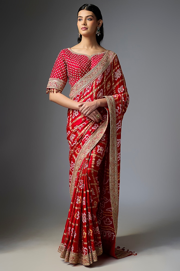 Red Bandhej Handloom Sequin Embroidered Reception Saree Set by Kalighata at Pernia's Pop Up Shop