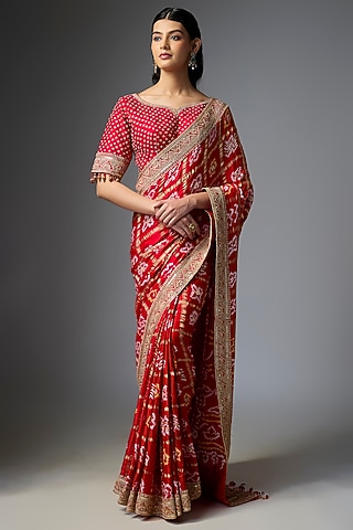 Red Bandhej Handloom Sequin Embroidered Saree Set by Kalighata