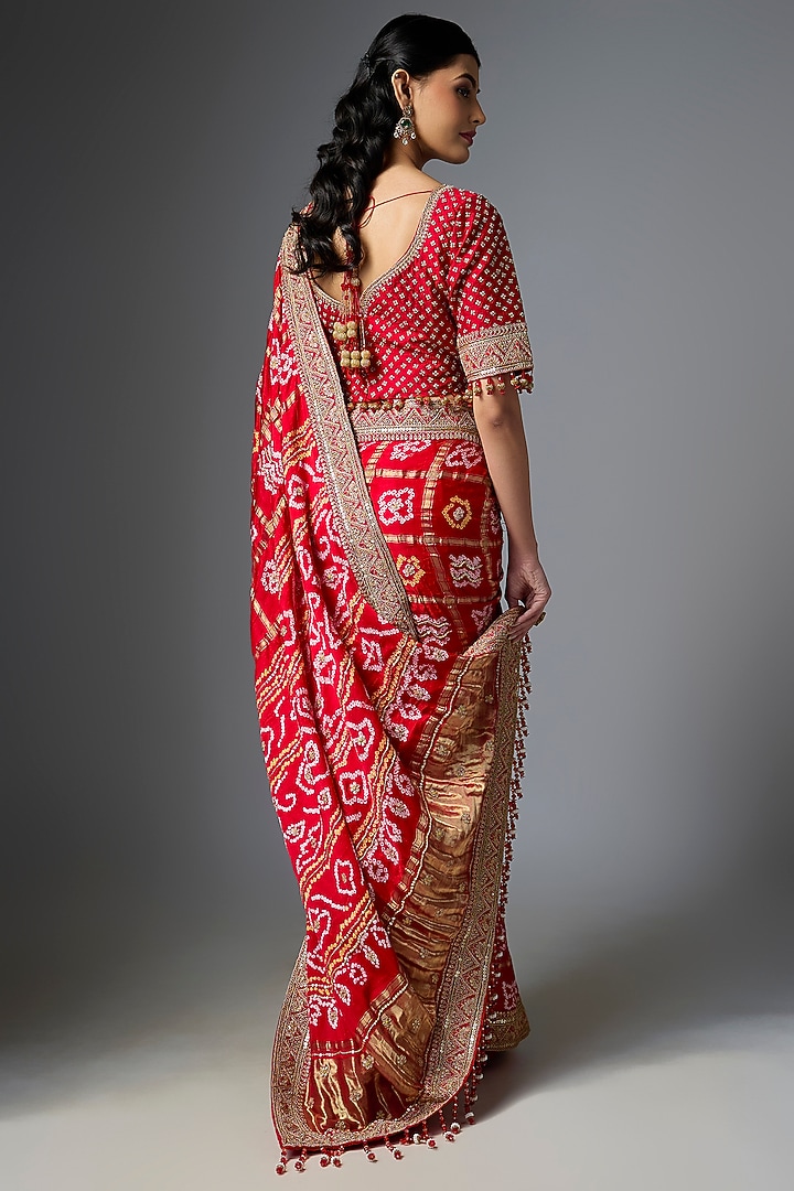 Red Bandhej Handloom Sequin Embroidered Reception Saree Set by Kalighata at Pernia's Pop Up Shop