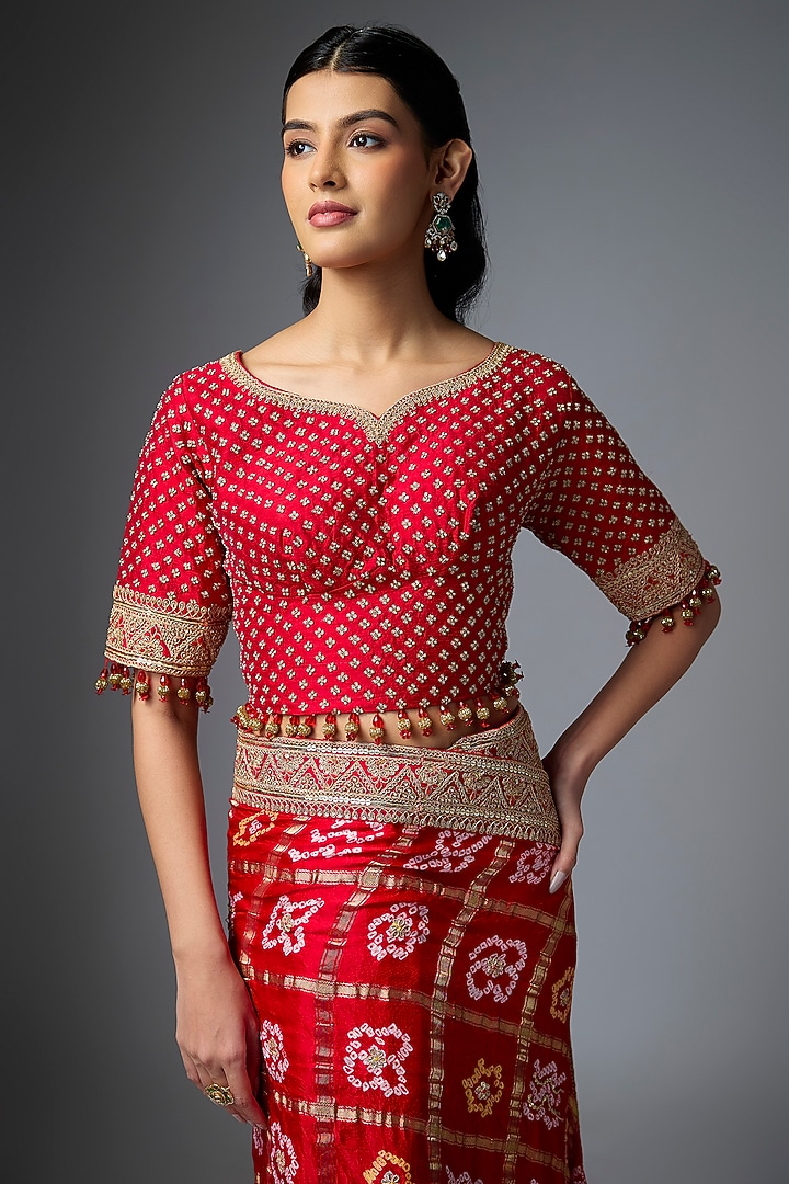 Red Bandhej Handloom Sequin Embroidered Reception Saree Set by Kalighata at Pernia's Pop Up Shop