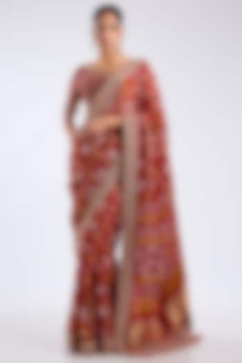 Red Bandhej Poth Embroidered Reception Saree Set by Kalighata at Pernia's Pop Up Shop