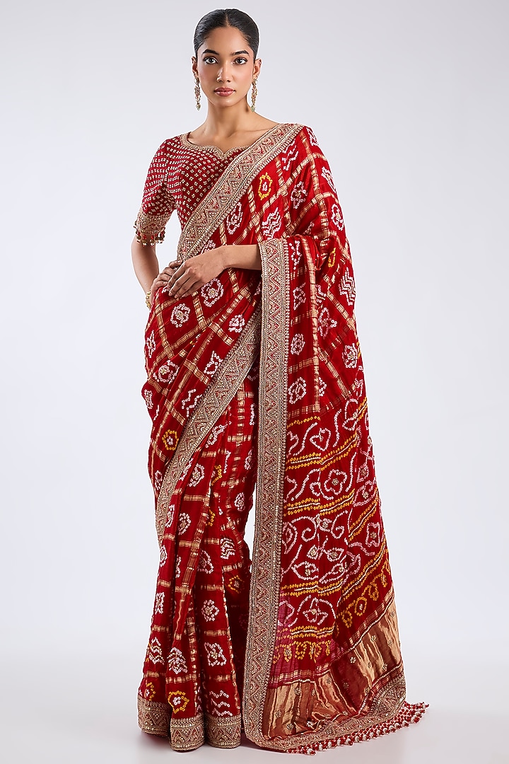 Red Bandhej Poth Embroidered Reception Saree Set by Kalighata at Pernia's Pop Up Shop