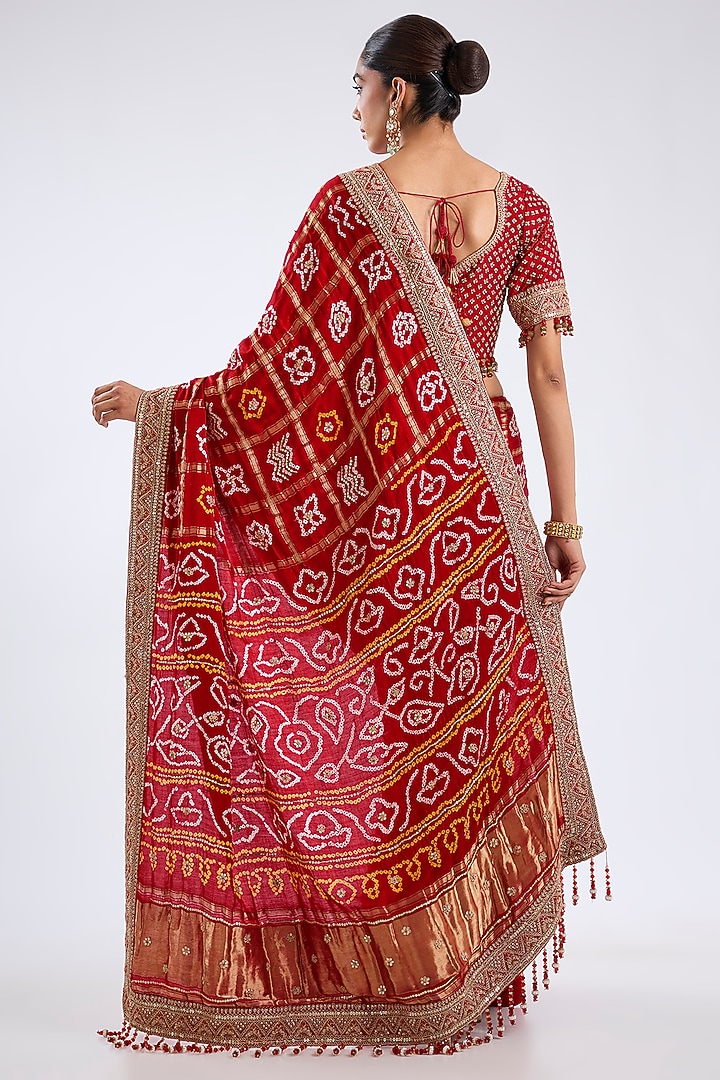 Red Bandhej Poth Embroidered Reception Saree Set by Kalighata at Pernia's Pop Up Shop