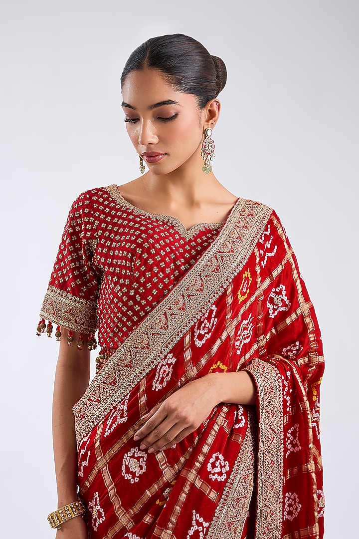 Red Bandhej Poth Embroidered Reception Saree Set by Kalighata at Pernia's Pop Up Shop
