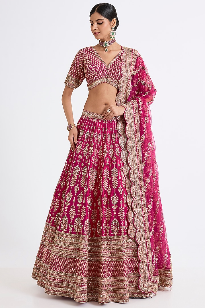 Rani Pink Raw Silk Zari Hand & Machine Embroidered Bridal Lehenga Set by Kalighata at Pernia's Pop Up Shop