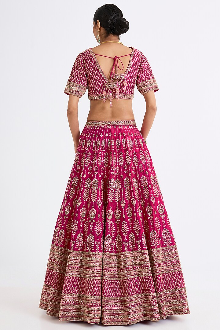 Rani Pink Raw Silk Zari Hand & Machine Embroidered Bridal Lehenga Set by Kalighata at Pernia's Pop Up Shop