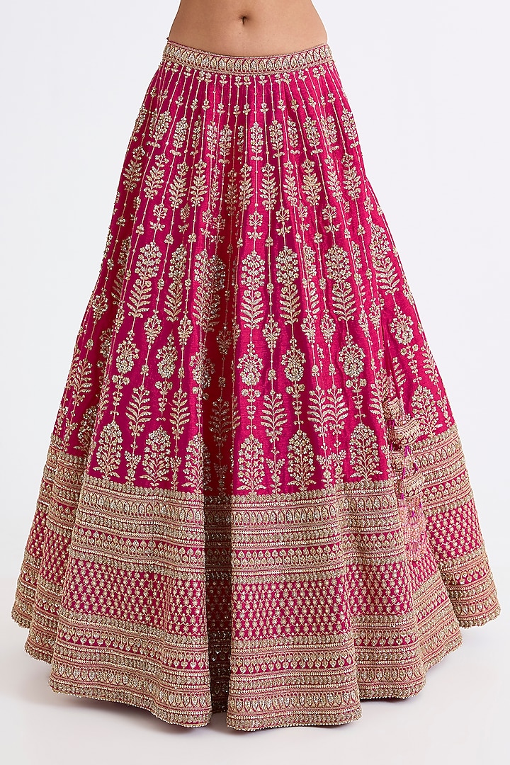 Rani Pink Raw Silk Zari Hand & Machine Embroidered Bridal Lehenga Set by Kalighata at Pernia's Pop Up Shop