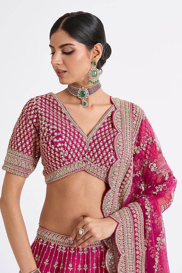 Rani Pink Raw Silk Zari Hand & Machine Embroidered Bridal Lehenga Set by Kalighata at Pernia's Pop Up Shop