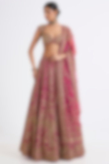 Rani Pink Raw Silk Zari Hand & Machine Embroidered Bridal lehenga for 22 Lehenga Set by Kalighata at Pernia's Pop Up Shop