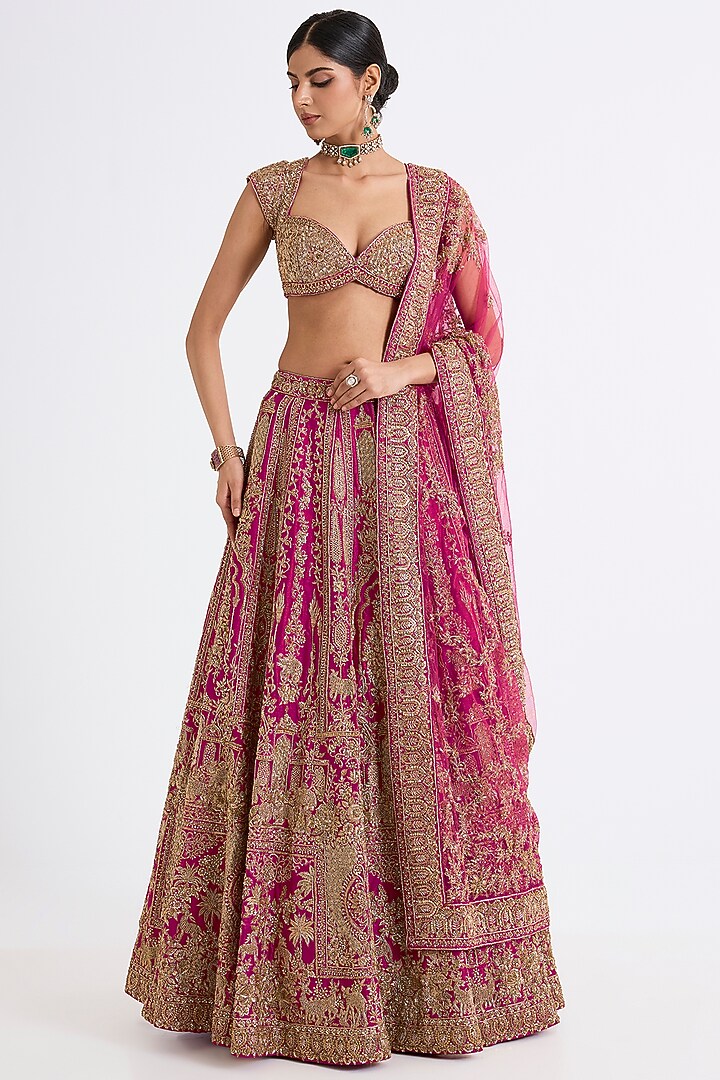 Rani Pink Raw Silk Zari Hand & Machine Embroidered Bridal lehenga for 22 Lehenga Set by Kalighata at Pernia's Pop Up Shop