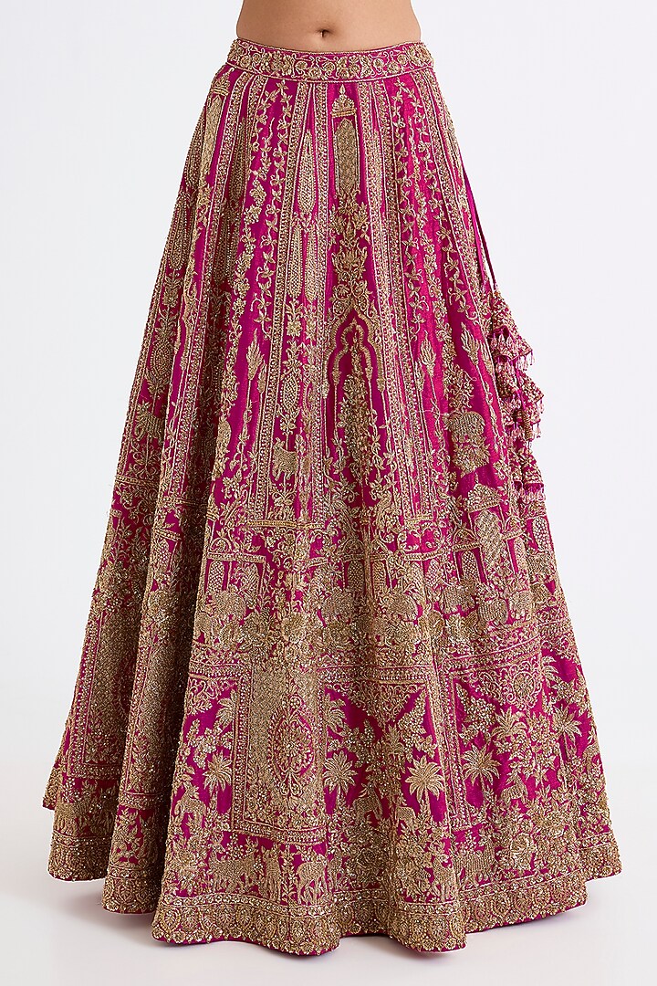 Rani Pink Raw Silk Zari Hand & Machine Embroidered Bridal Lehenga Set by Kalighata at Pernia's Pop Up Shop