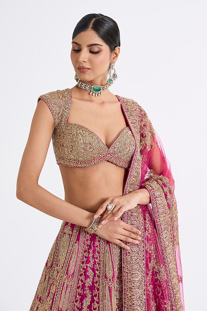 Rani Pink Raw Silk Zari Hand & Machine Embroidered Bridal Lehenga Set by Kalighata at Pernia's Pop Up Shop
