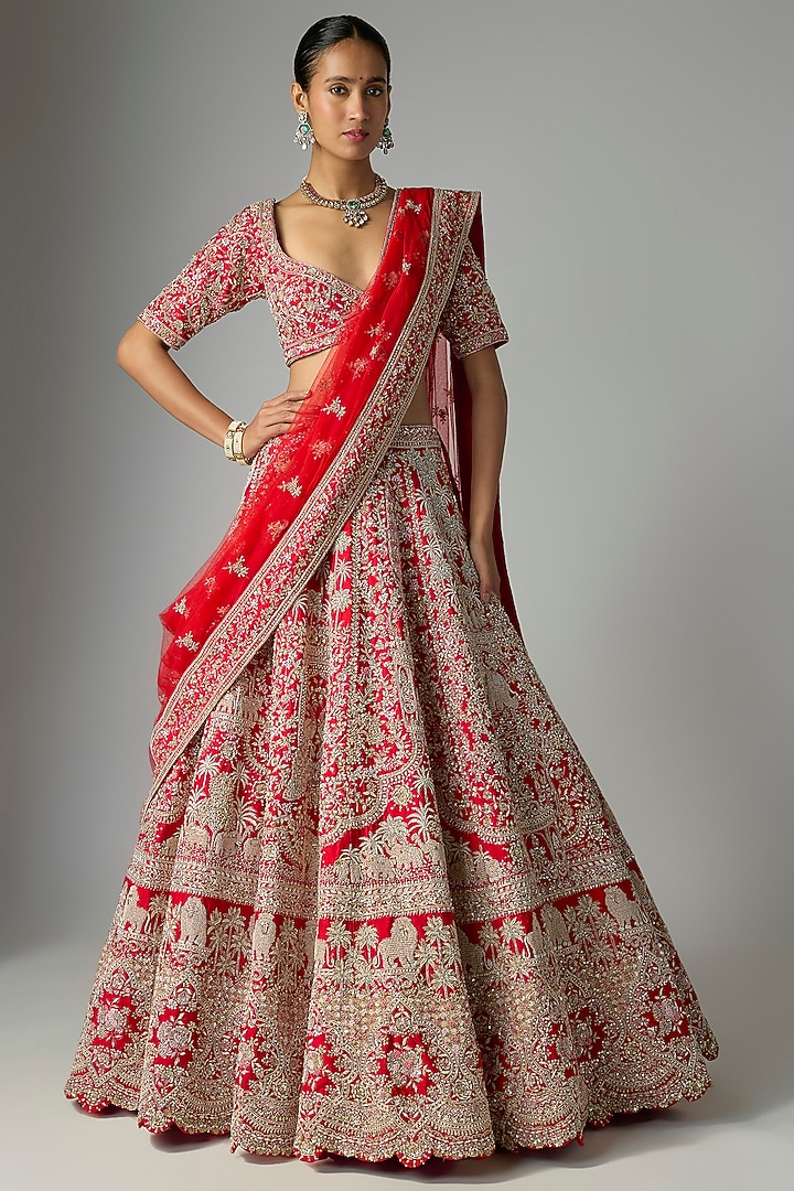 Red Raw Silk Bridal Lehenga Set by Kalighata at Pernia's Pop Up Shop