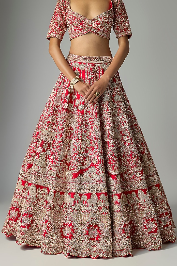 Red Raw Silk Bridal Lehenga Set by Kalighata at Pernia's Pop Up Shop