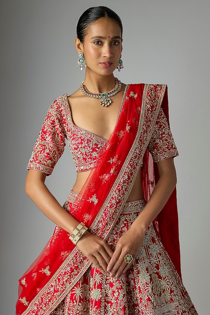 Red Raw Silk Bridal Lehenga Set by Kalighata at Pernia's Pop Up Shop