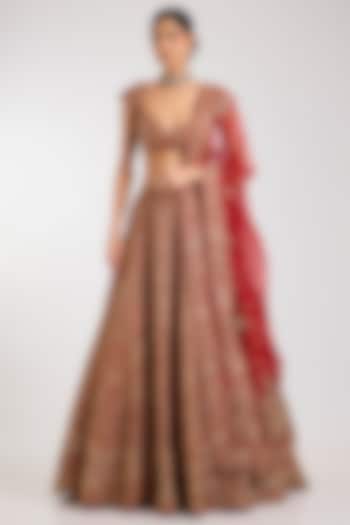 Red Raw Silk Zardosi Hand & Machine Embroidered Bridal Lehenga Set by Kalighata at Pernia's Pop Up Shop