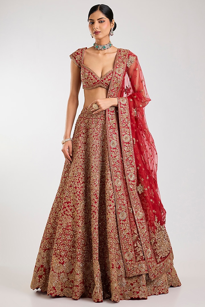 Red Raw Silk Zardosi Hand & Machine Embroidered Bridal Lehenga Set by Kalighata at Pernia's Pop Up Shop