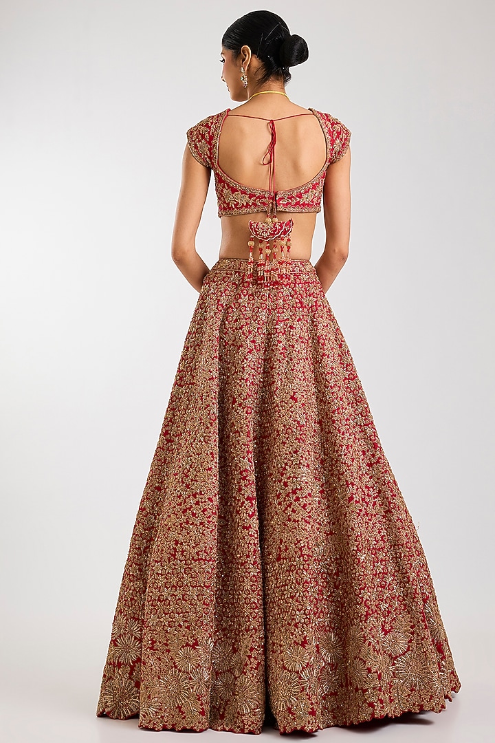 Red Raw Silk Zardosi Hand & Machine Embroidered Bridal Lehenga Set by Kalighata at Pernia's Pop Up Shop