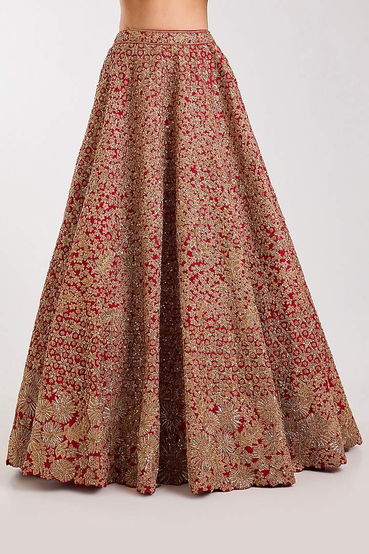 Red Raw Silk Zardosi Hand & Machine Embroidered Bridal Lehenga Set by Kalighata at Pernia's Pop Up Shop