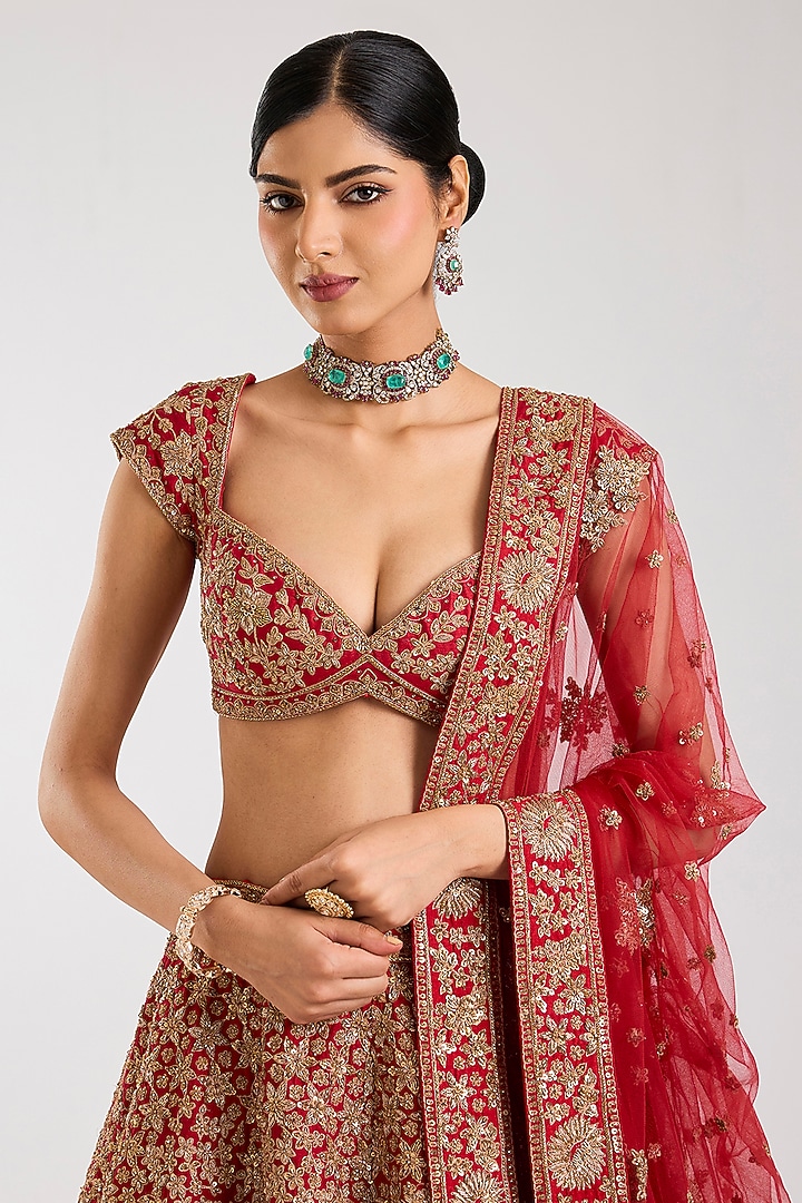 Red Raw Silk Zardosi Hand & Machine Embroidered Bridal Lehenga Set by Kalighata at Pernia's Pop Up Shop