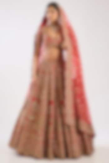 Red Raw Silk Zari Hand & Machine Embroidered Bridal Lehenga Set by Kalighata at Pernia's Pop Up Shop