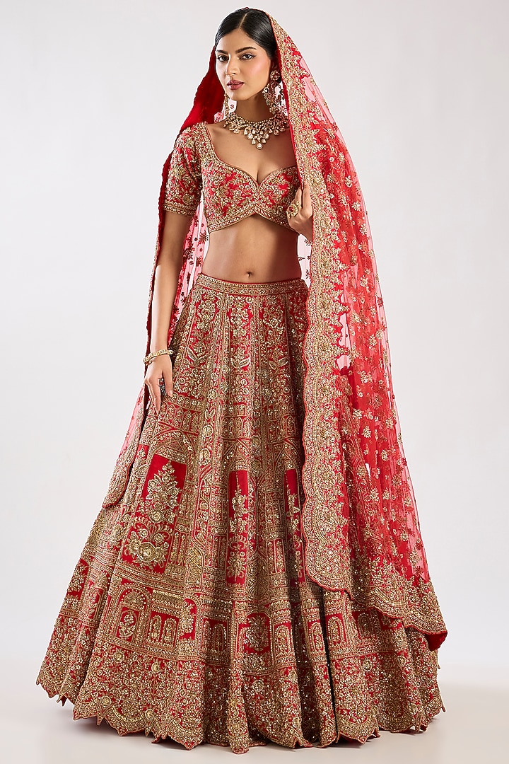 Red Raw Silk Zari Hand & Machine Embroidered Bridal Lehenga Set by Kalighata at Pernia's Pop Up Shop