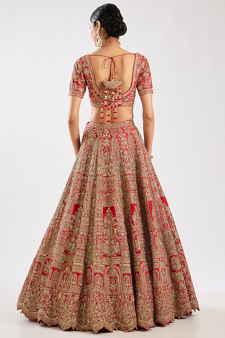 Red Raw Silk Zari Hand & Machine Embroidered Bridal Lehenga Set by Kalighata at Pernia's Pop Up Shop