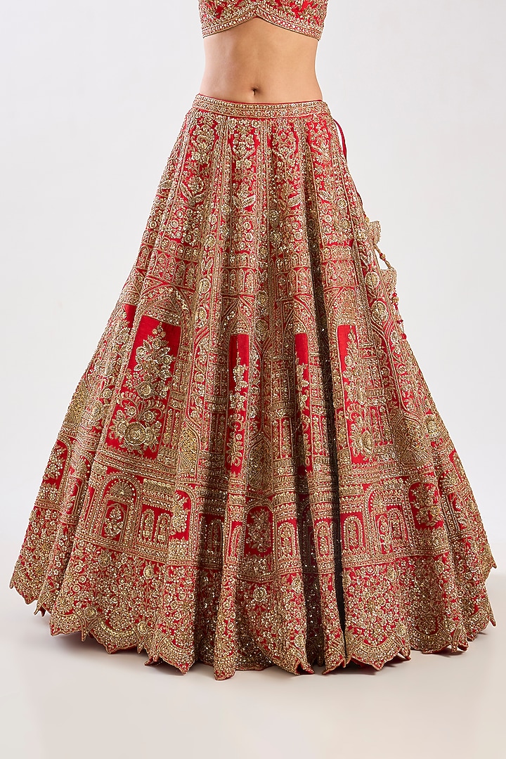 Red Raw Silk Zari Hand & Machine Embroidered Bridal Lehenga Set by Kalighata at Pernia's Pop Up Shop