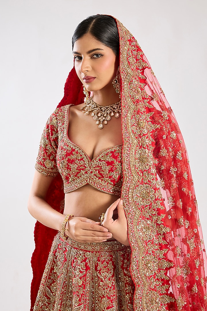 Red Raw Silk Zari Hand & Machine Embroidered Bridal Lehenga Set by Kalighata at Pernia's Pop Up Shop