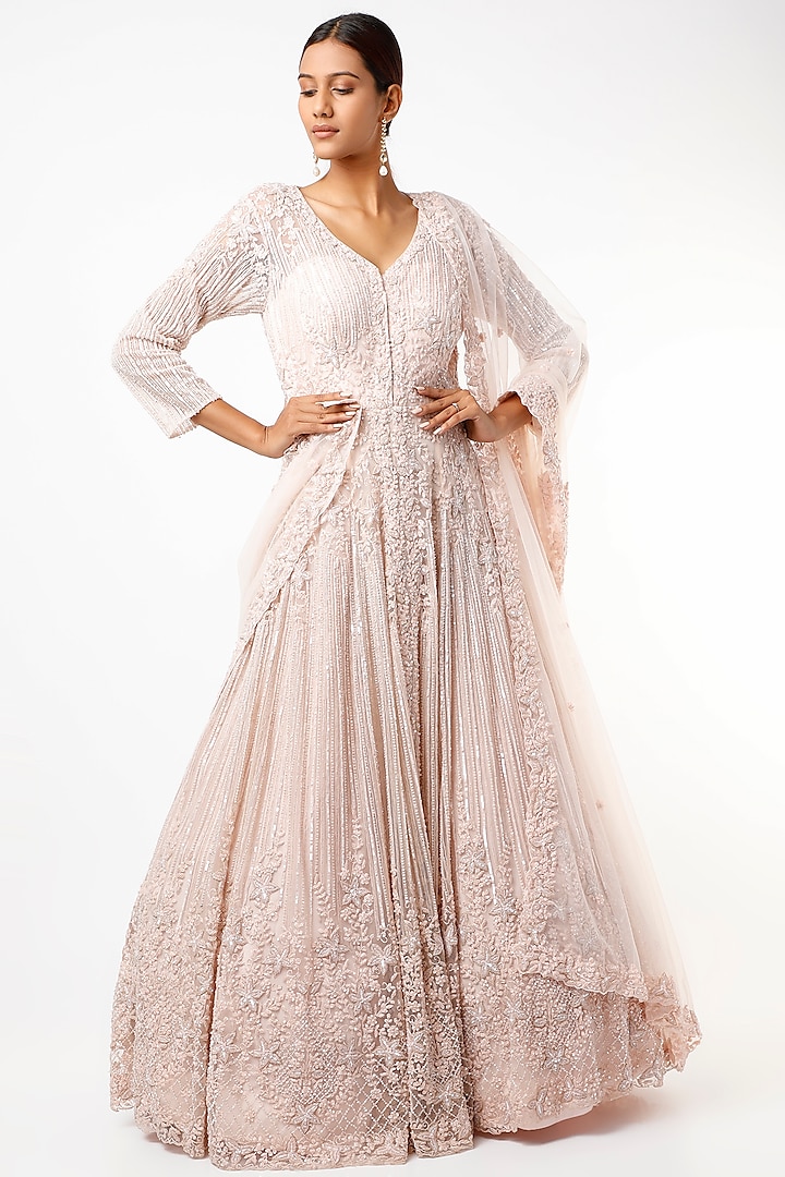 Blush Pink Sequins Embellished Gown by Kalighata