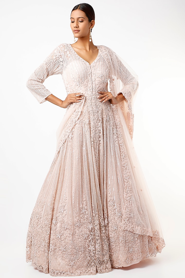 Blush Pink Sequins Embellished Gown by Kalighata at Pernia's Pop Up Shop