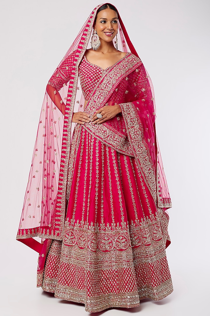 Red Embroidered Lehenga Set by Kalighata