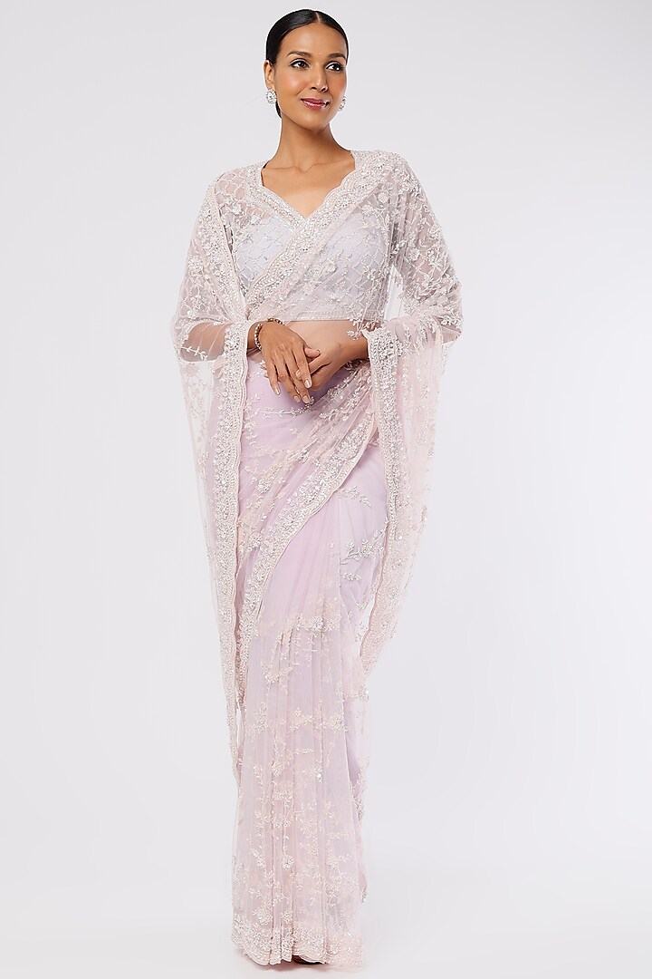 Mauve Organza Sequins Hand Embellished Saree Set by Kalighata at Pernia's Pop Up Shop
