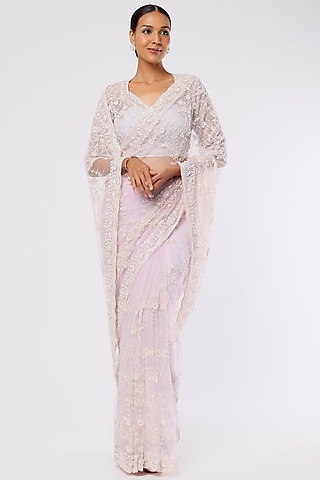 Mauve Organza Sequins Hand Embellished Saree Set by Kalighata
