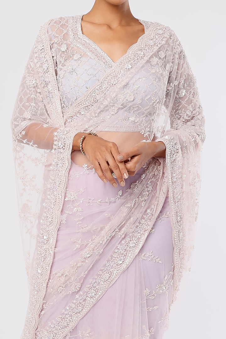 Mauve Organza Sequins Hand Embellished Wedding Saree Set by Kalighata at Pernia's Pop Up Shop