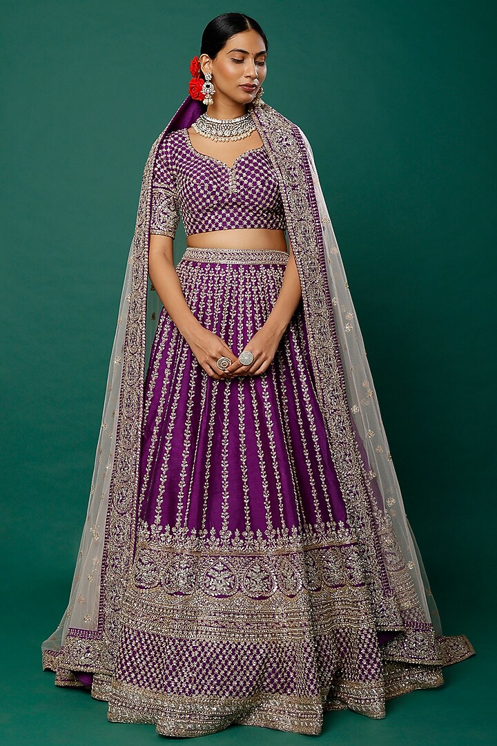 Purple Embroidered Bridal Lehenga Set by Kalighata at Pernia's Pop Up Shop