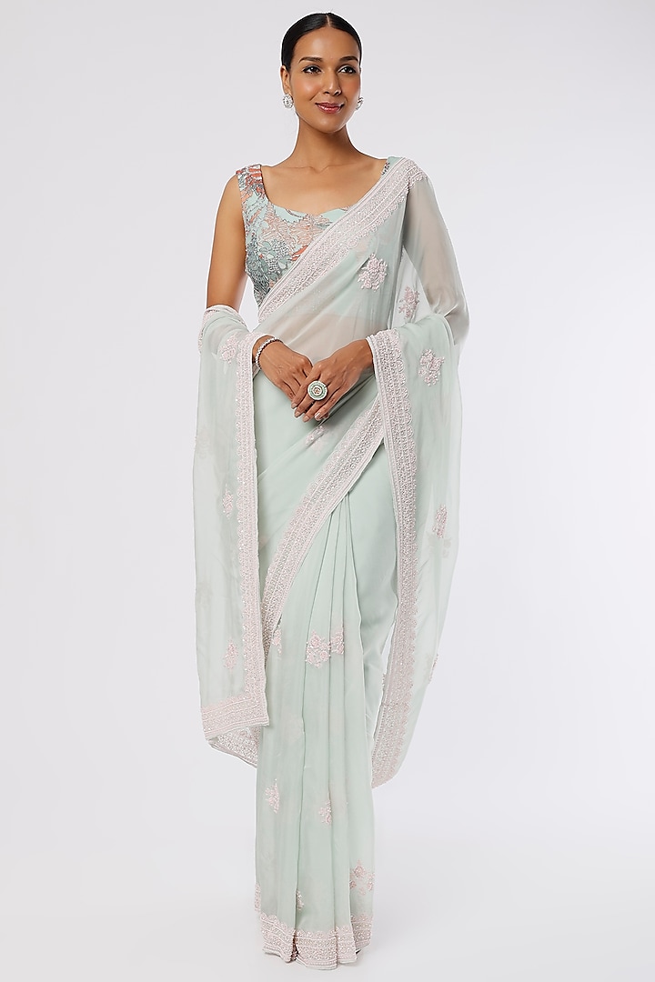 Mint Hand Embellished Saree Set by Kalighata