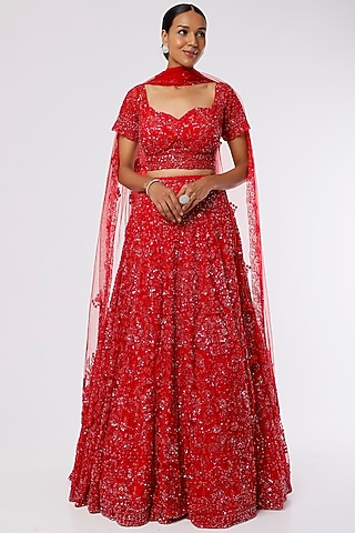 Red Hand Embellished Lehenga Set by Kalighata