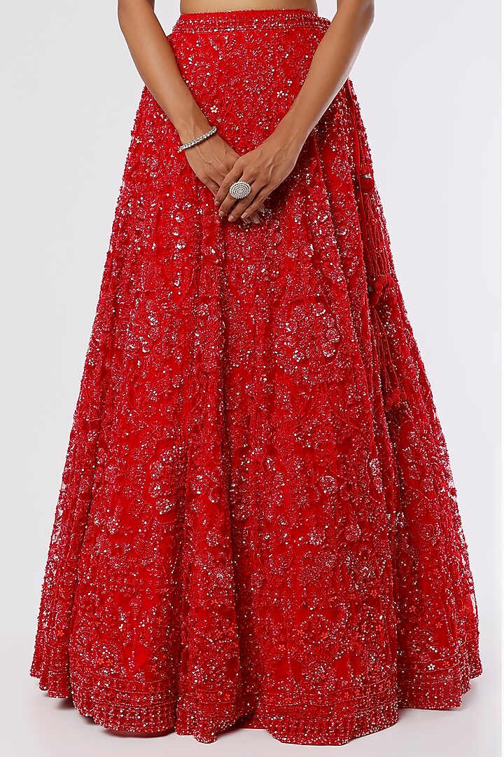 Red Hand Embellished Wedding Lehenga Set by Kalighata at Pernia's Pop Up Shop
