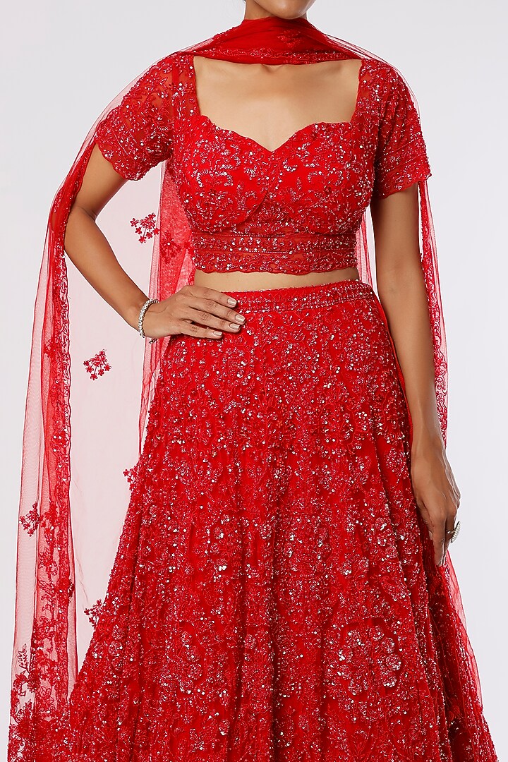 Red Hand Embellished Wedding Lehenga Set by Kalighata at Pernia's Pop Up Shop
