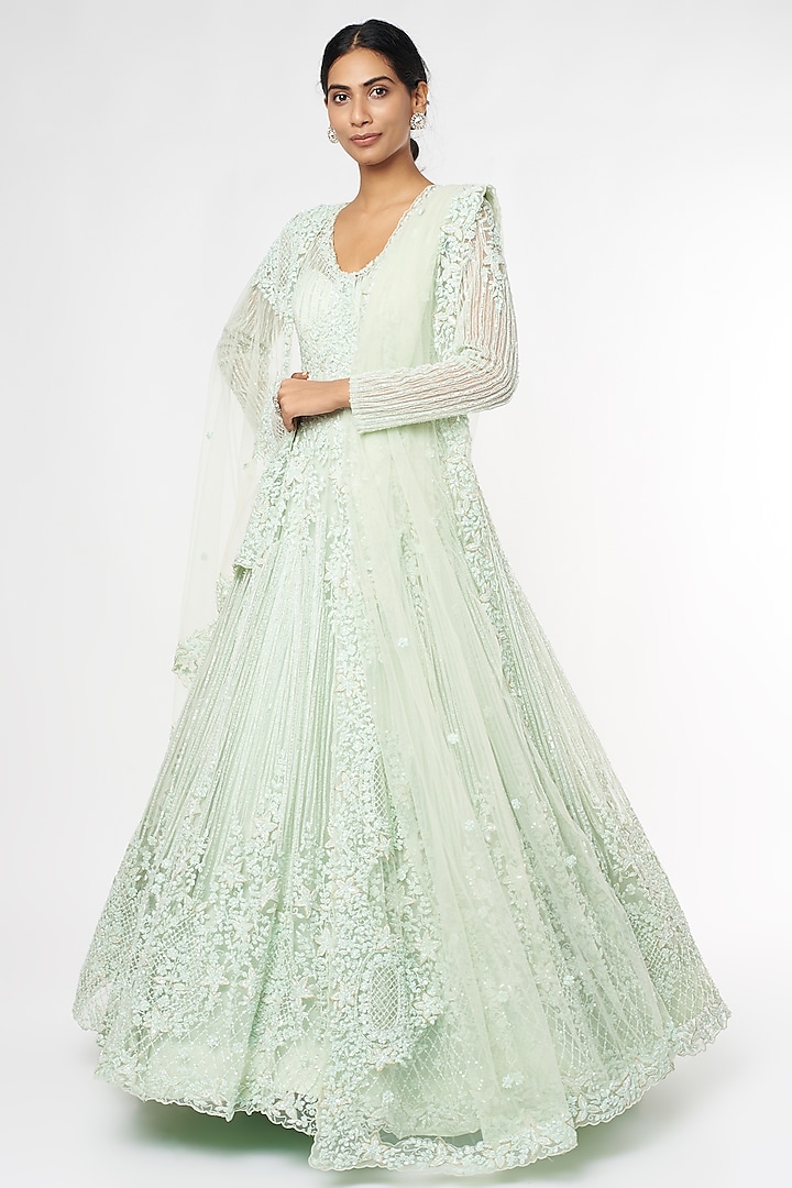 Mint Green Embellished Gown by Kalighata