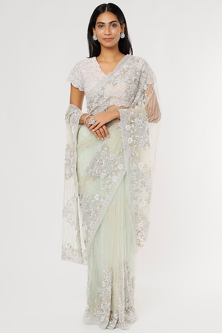 Mint Green Net Embroidered Saree Set by Kalighata