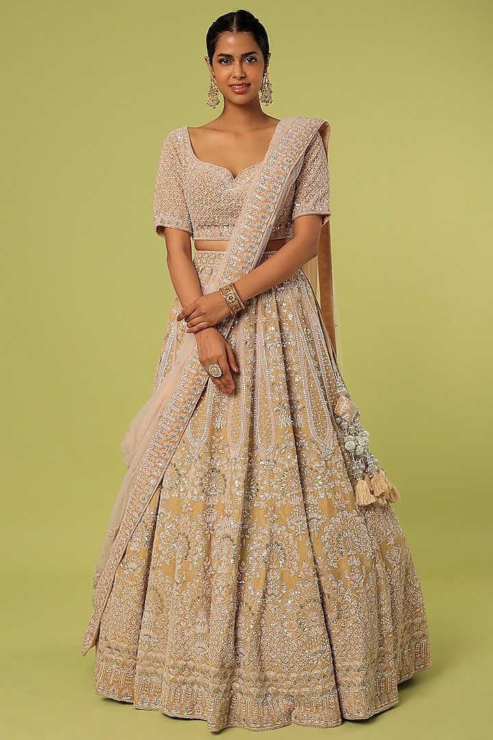 Dusky Peach Embroidered Bridal Lehenga Set by Kalighata at Pernia's Pop Up Shop